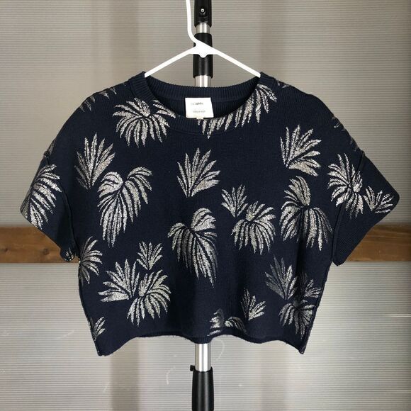 CINQ A SEPT 30% Wool Navy Metallic Palm Exposed Seam Short Sleeve Sweater Sz XS - Picture 2 of 9